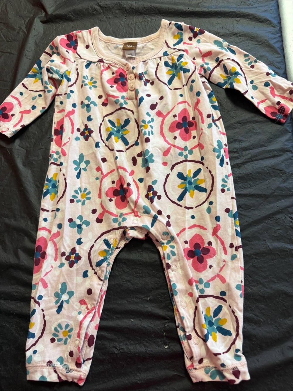 Tea Collection Pink Floral Footed One-Piece with Multicolor Flower Print
